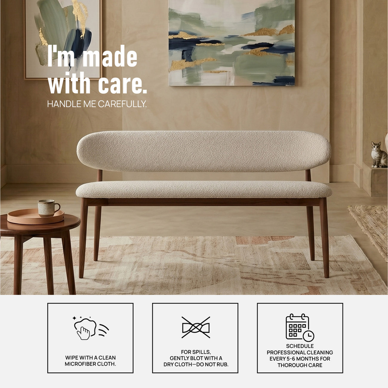 Elvara Bench Ivory 3 - Seater Velvet Sofa