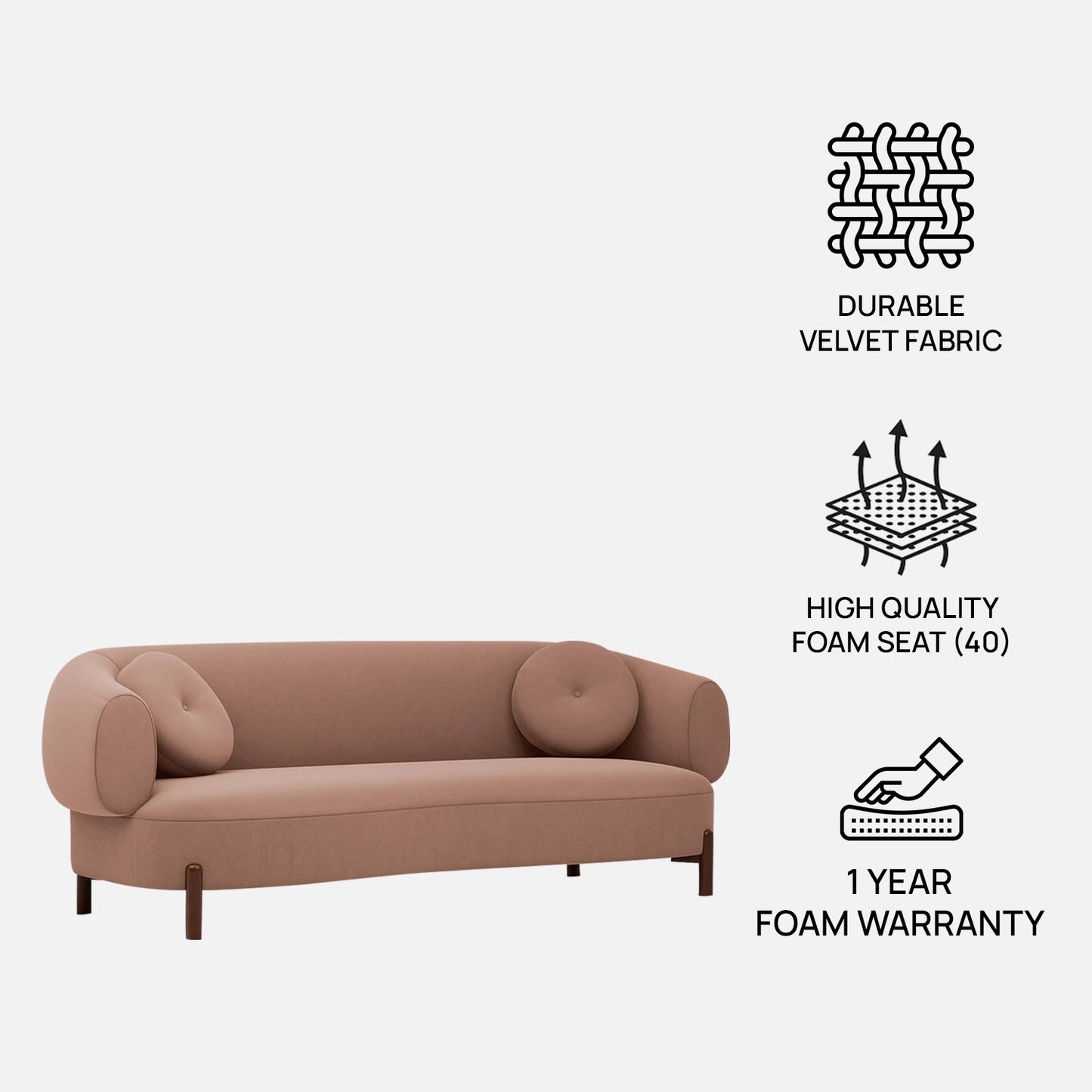 Tavira Wood Base Grey 3 - Seater Velvet Sofa