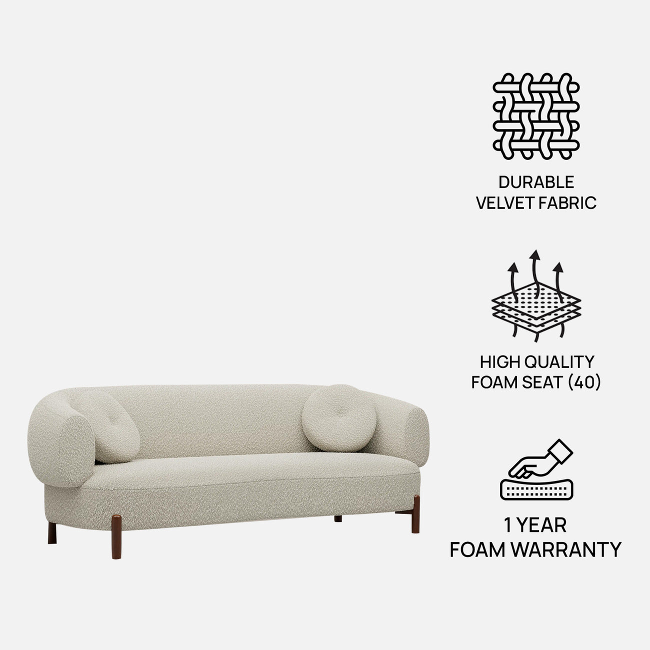 Tavira Wood Base Brown 3 - Seater Velvet Sofa