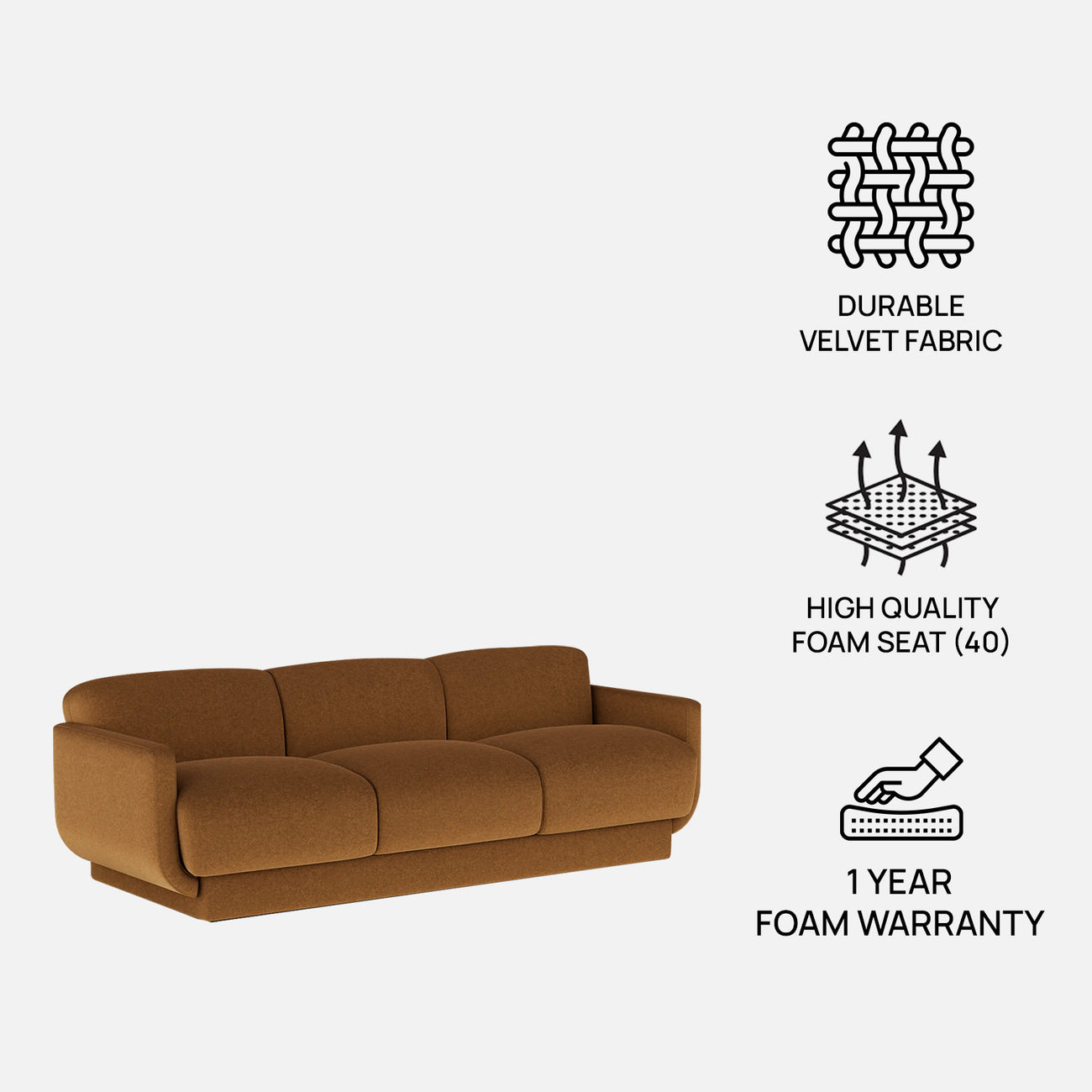 Clavon Classic Latte 3 - Seater Velvet Sofa