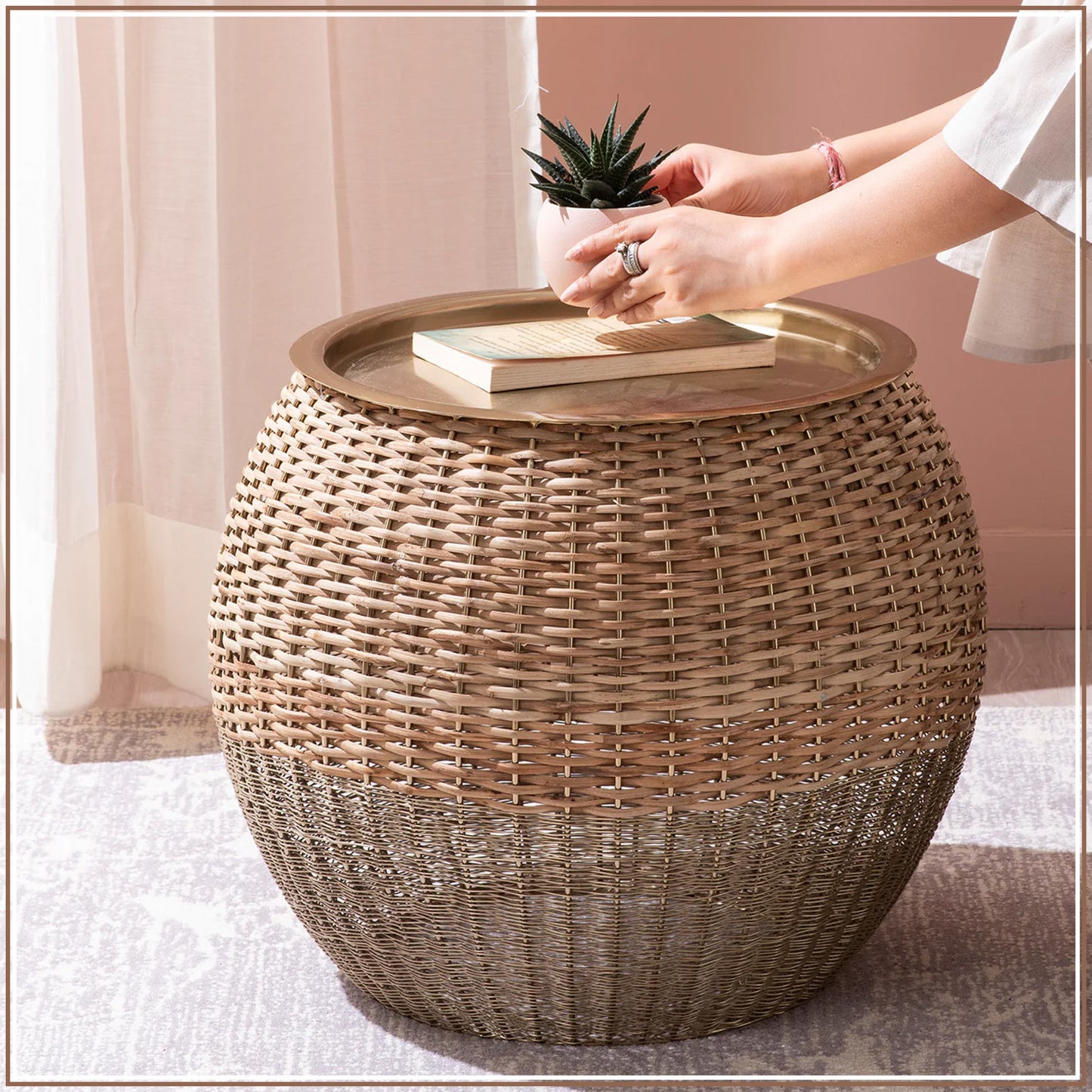 Opulent Rattan and Gold Table Set of 2