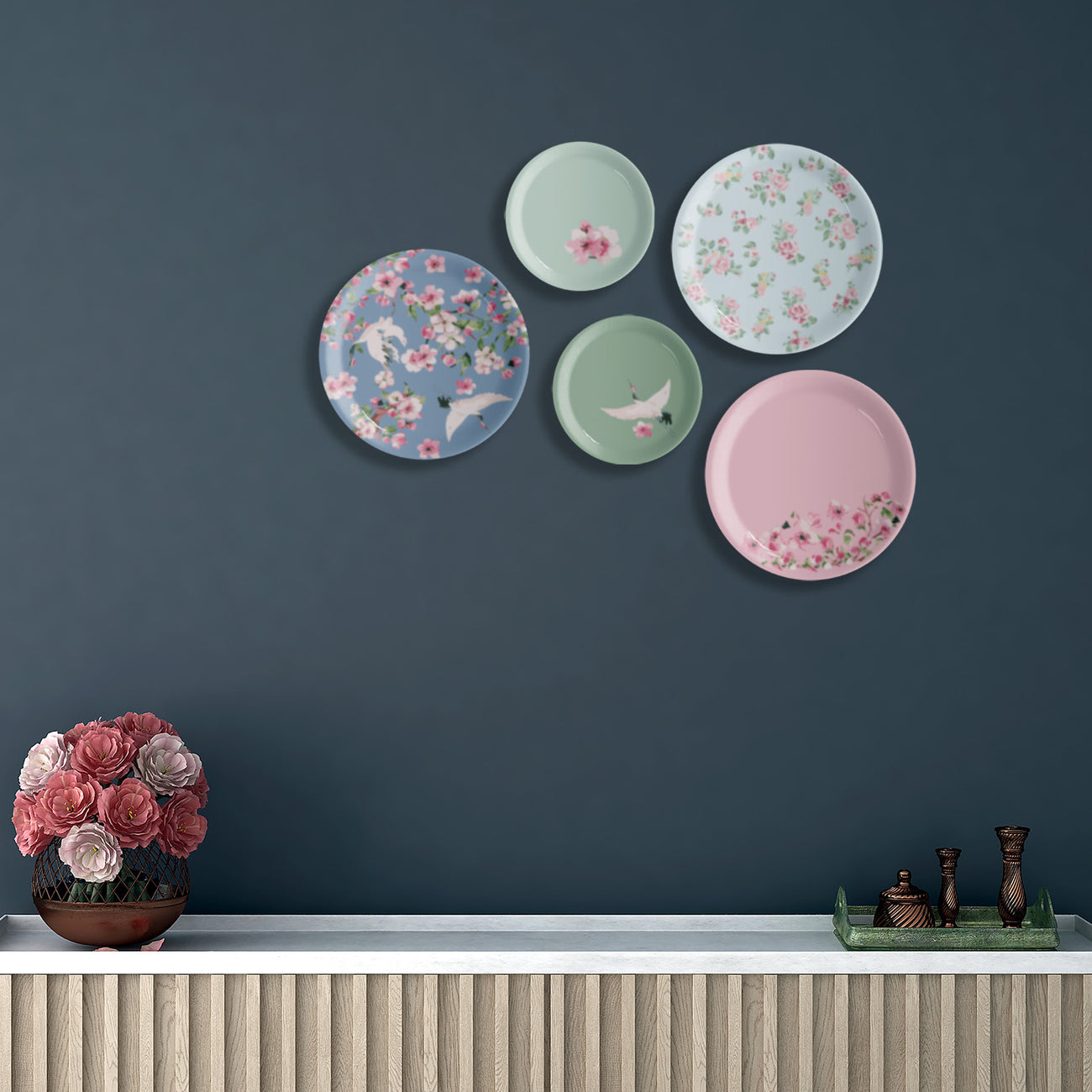Victorian Floral Printed Wall Plates Set of 5
