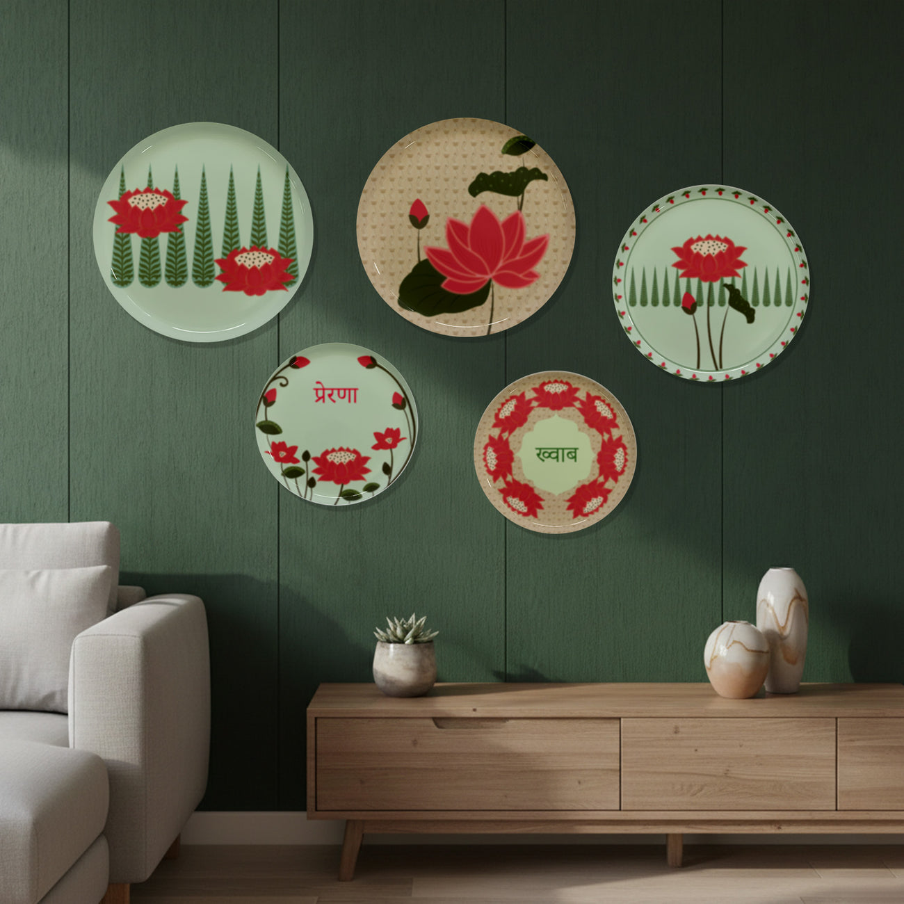 Red Lotus & Lily Metallic Wall Plate Combo Set of 5