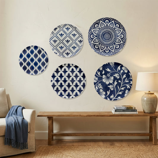 Classic Blue Porcelain Metallic Wall Plate Set of 5