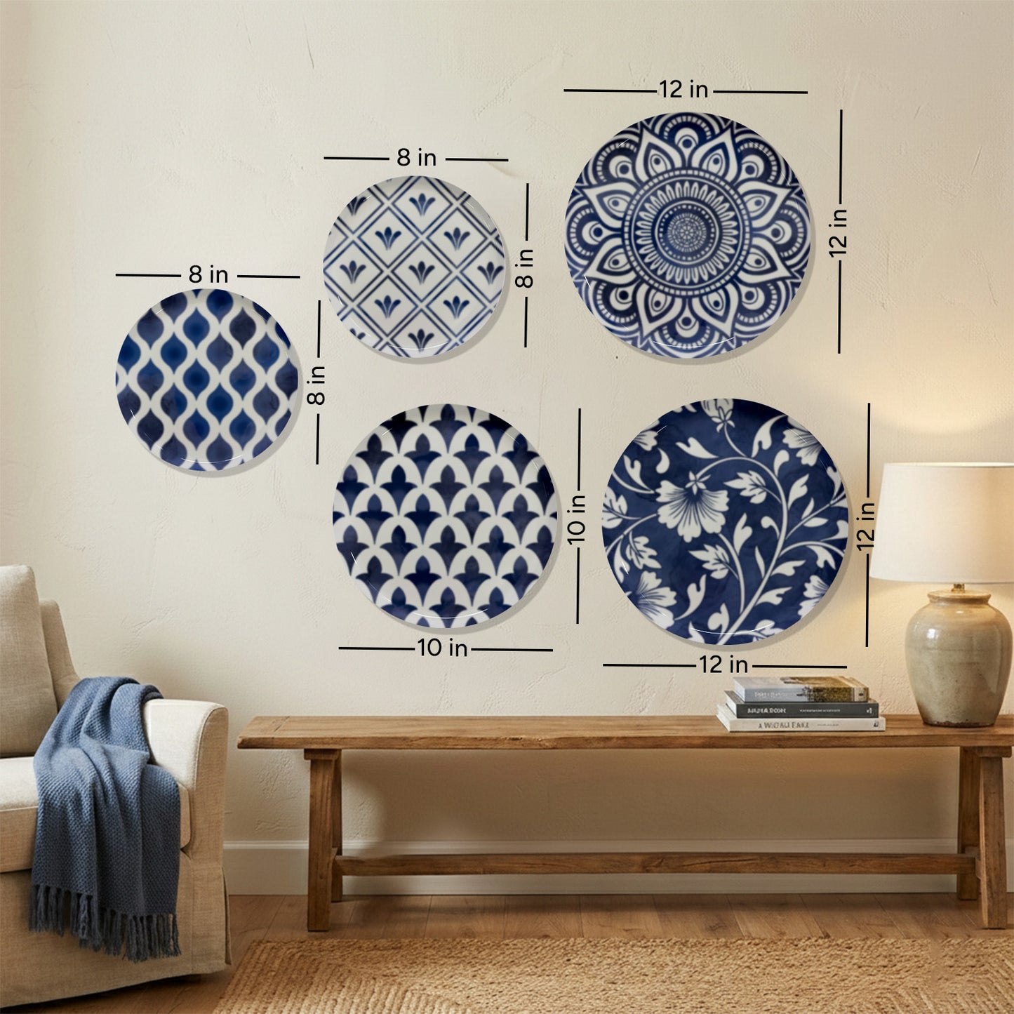 Classic Blue Porcelain Metallic Wall Plate Set of 5