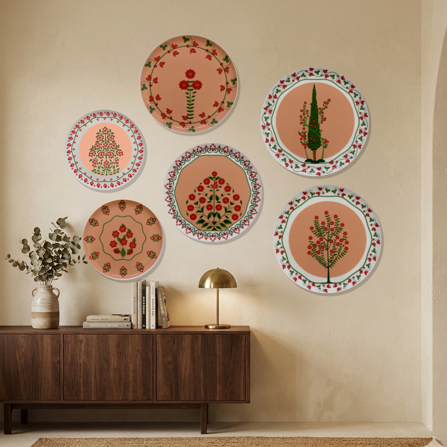 Terracotta Floral Mandala Metallic Wall Plate Set of 6