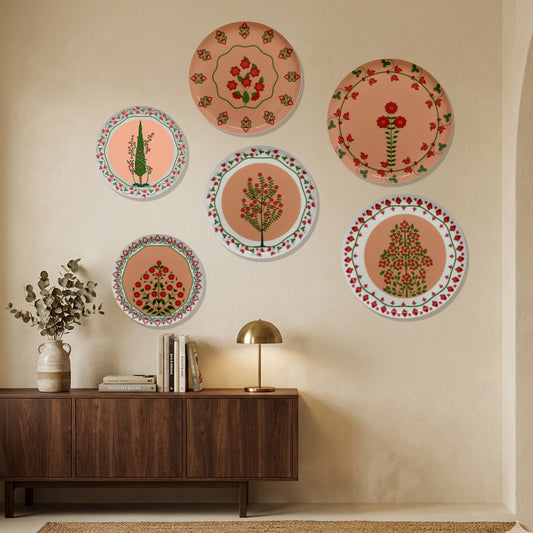 Traditional Orange Boho Metallic Wall Plate Set of 6