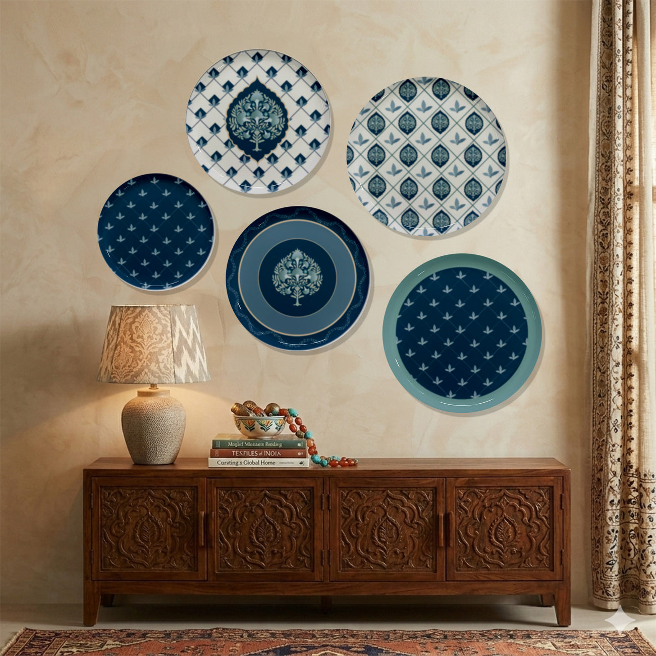 Blue Pottery Inspired Metallic Wall Plate Set of 5