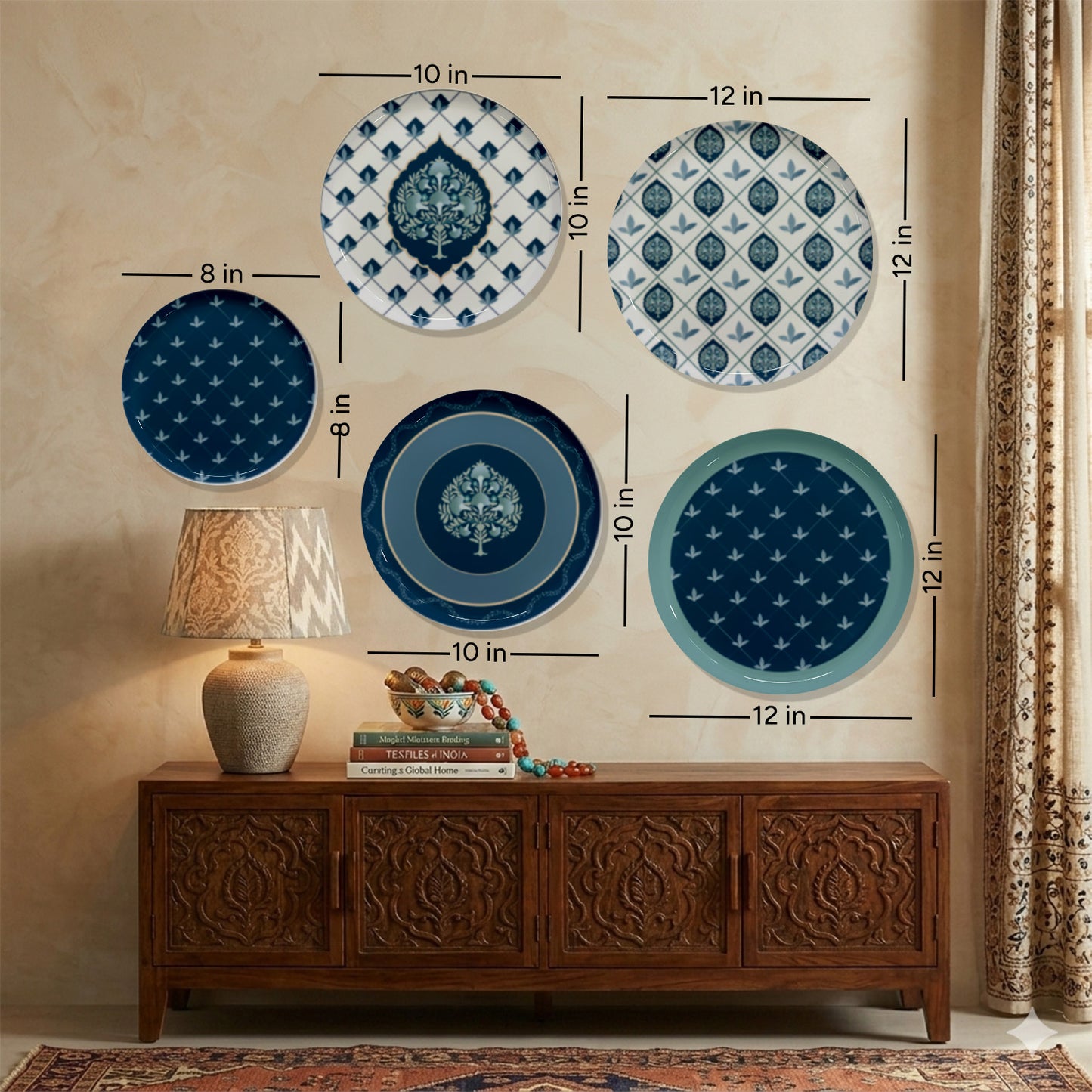 Blue Pottery Inspired Metallic Wall Plate Set of 5