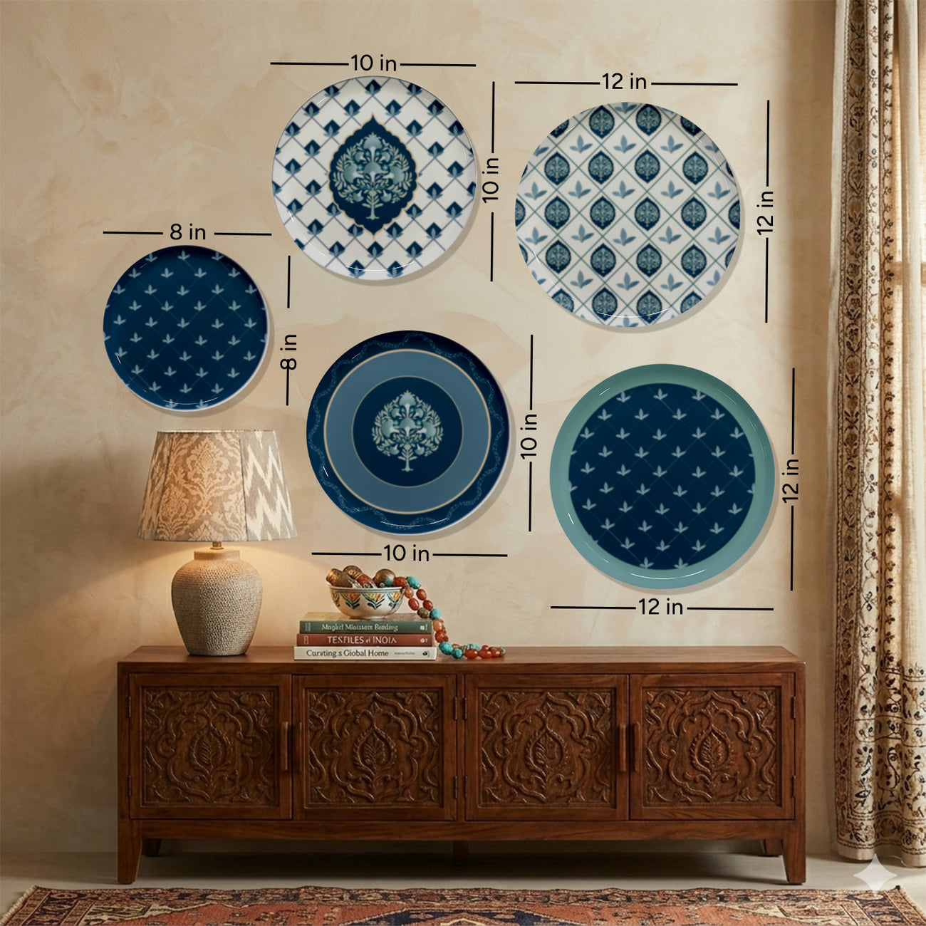 Blue Pottery Inspired Metallic Wall Plate Set of 5