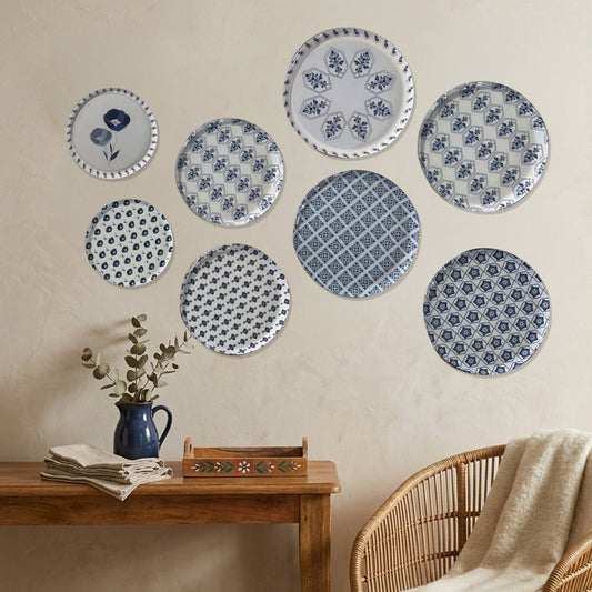 Blue & White Geometric Metallic Wall Plate Set of 8