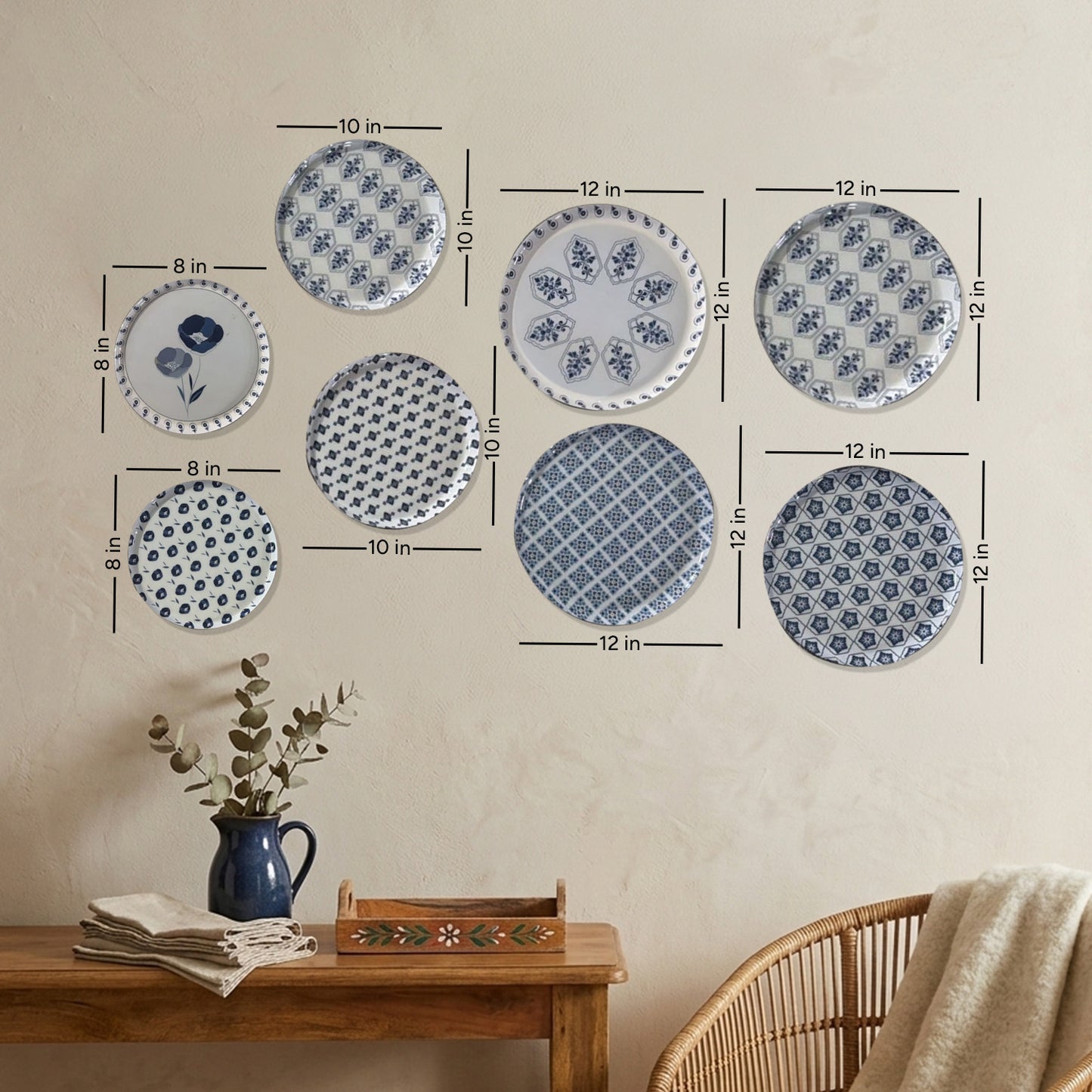 Blue & White Geometric Metallic Wall Plate Set of 8