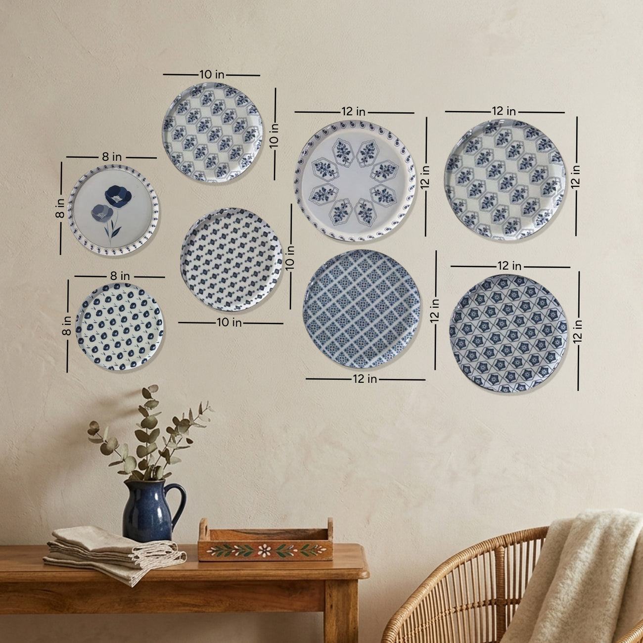 Blue & White Geometric Metallic Wall Plate Set of 8