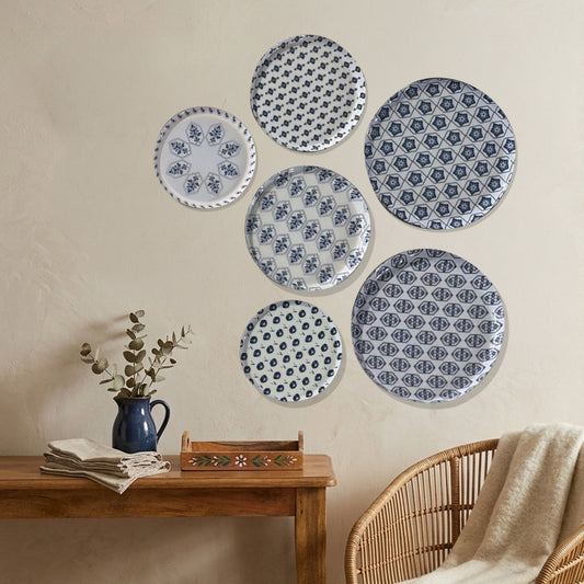 Blue & White Geometric Metallic Wall Plate Set of 6