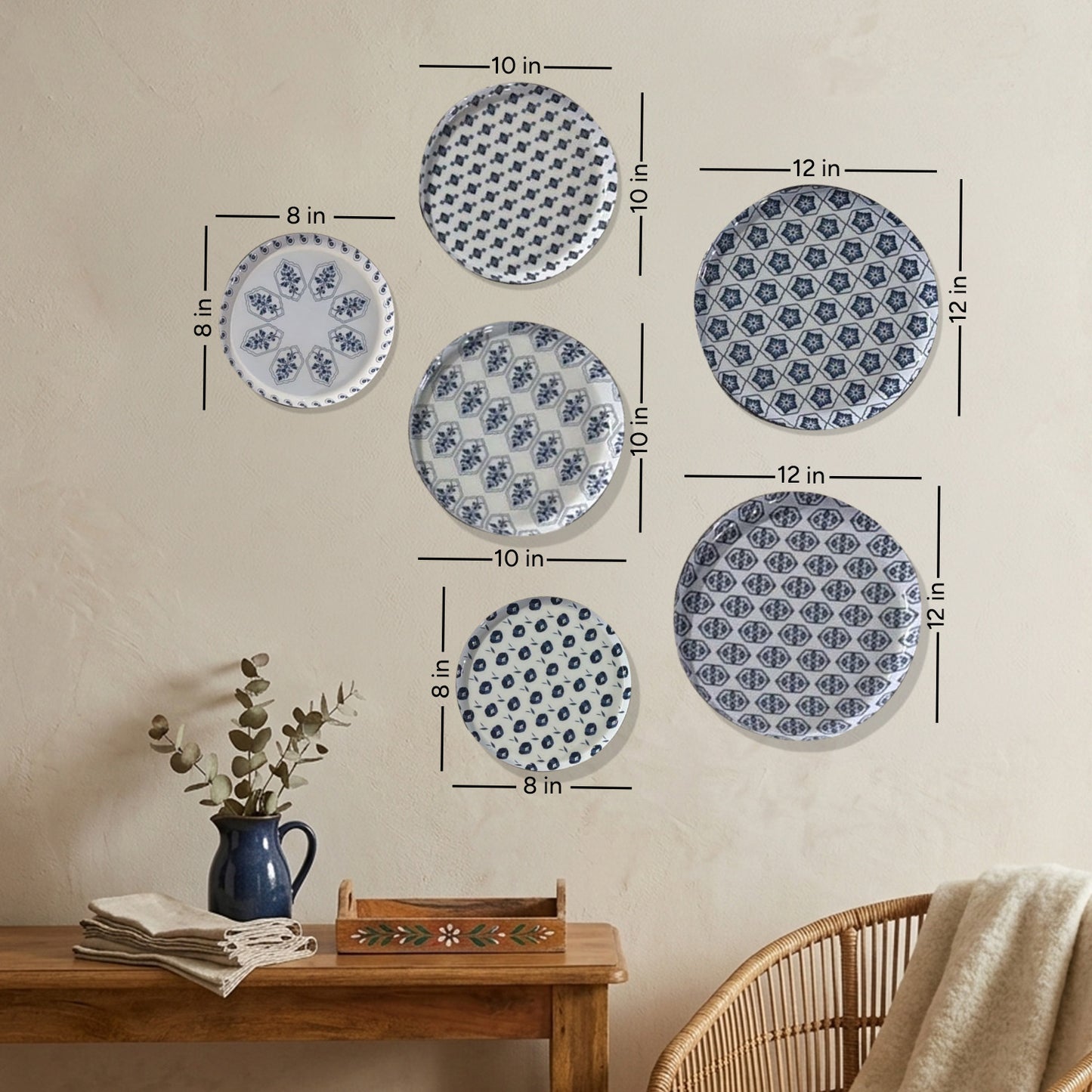Blue & White Geometric Metallic Wall Plate Set of 6