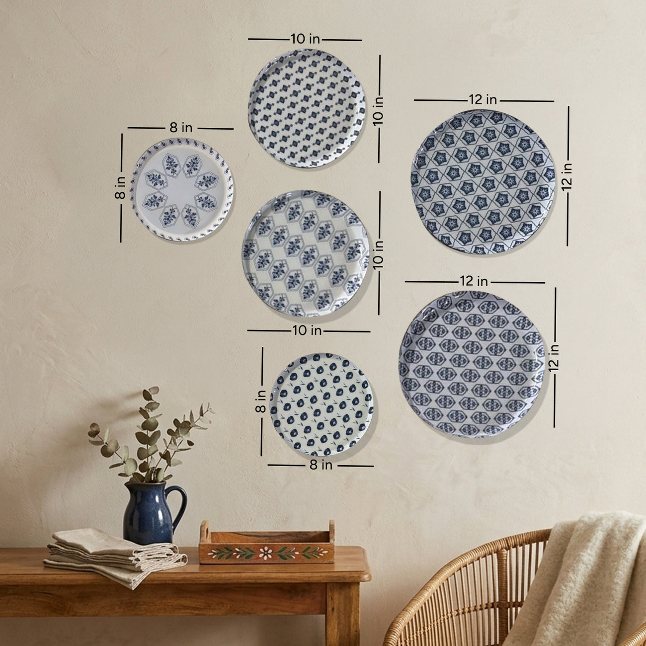 Blue & White Geometric Metallic Wall Plate Set of 6