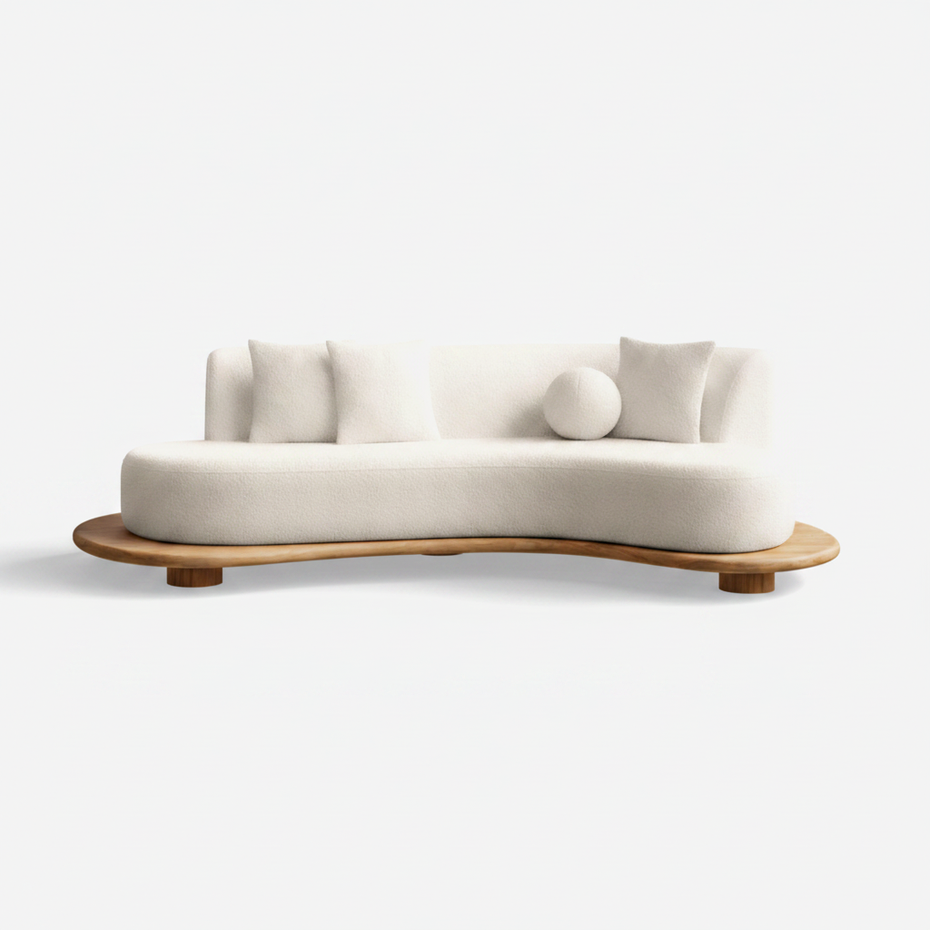 Modern Galapinhos Curved Sofa, Cream Bouclé, Handmade In Portugal By Greenapple