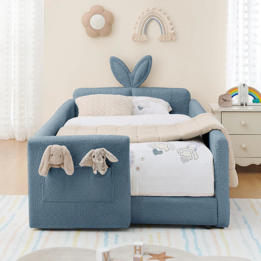 Bunny Dreams Blue Boucle Kids Big Hydraulic Storage Bed