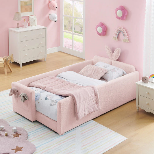 Bunny Bliss Pink Boucle Kids Small Hydraulic Storage Bed