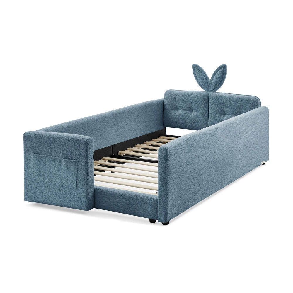 Bunny Dreams Blue Boucle Kids Big Hydraulic Storage Bed