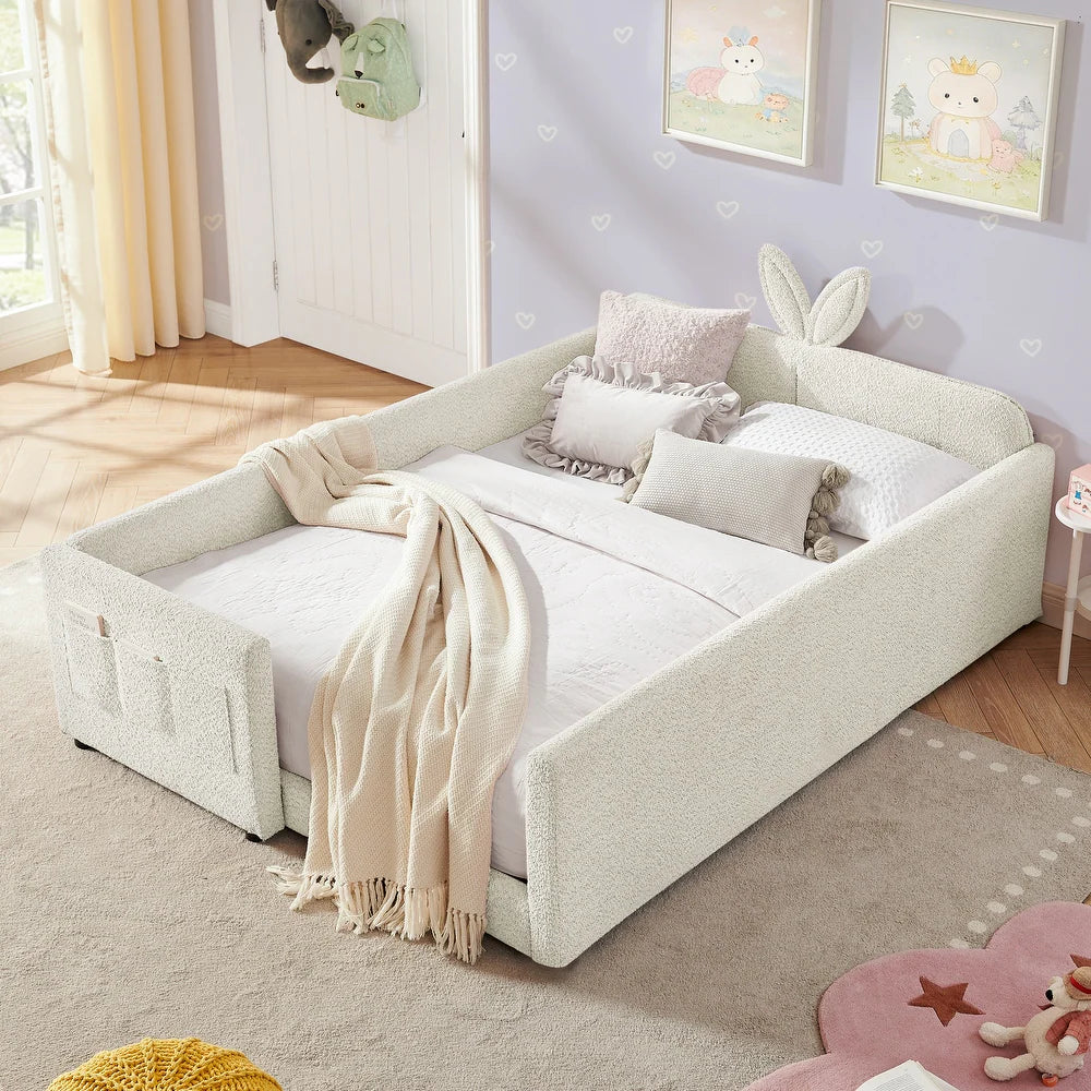 Bunny Comfort Beige Boucle Kids Small Hydraulic Storage Bed
