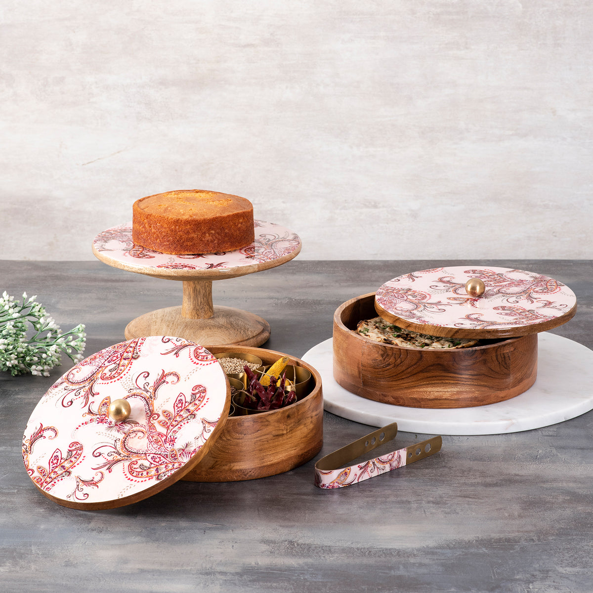 Paisley Enamel Print Masala Box, Roti Box & Cake stand Set