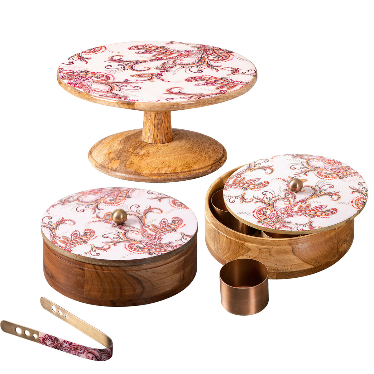 Paisley Enamel Print Masala Box, Roti Box & Cake stand Set
