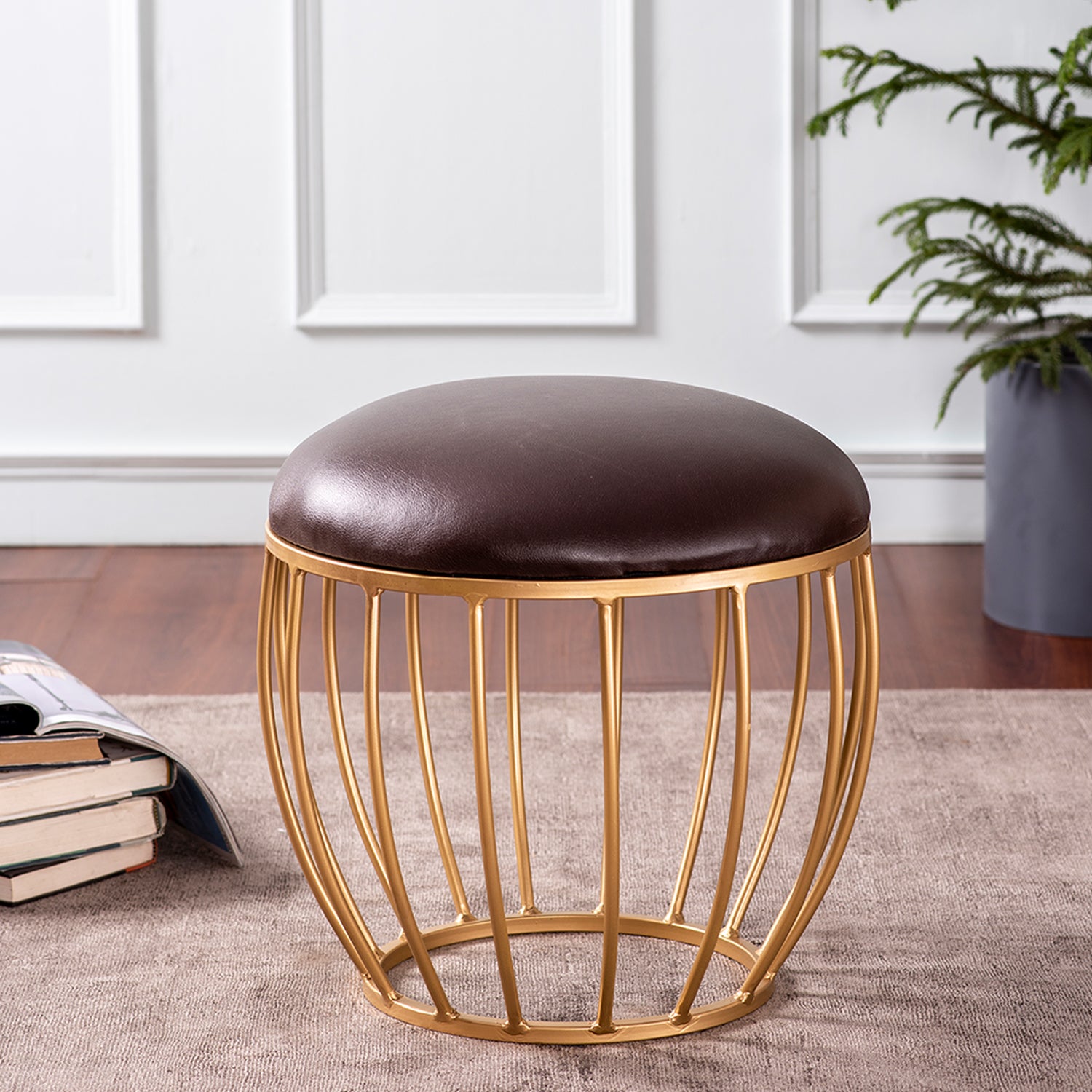 brown leather cage ottoman
