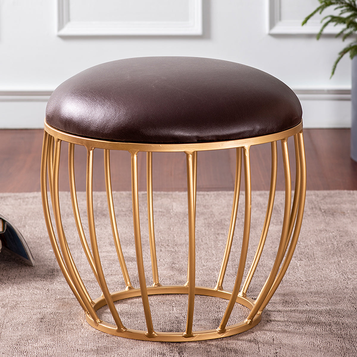 brown leather cage ottoman