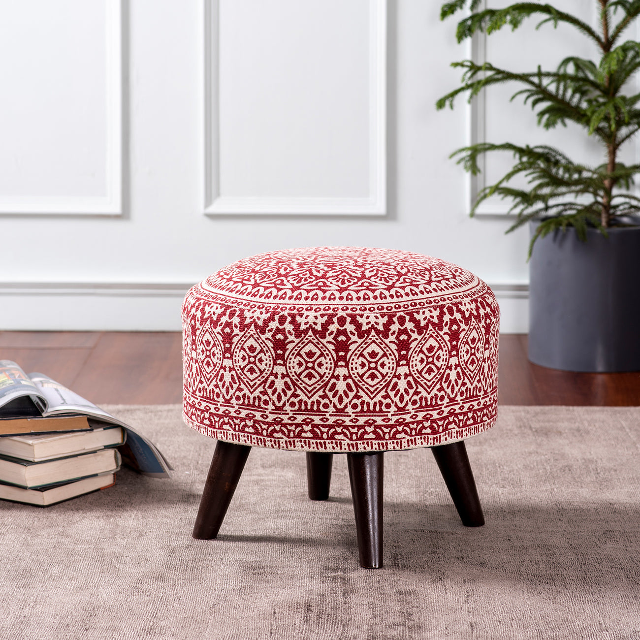 Buy Red Mandala Fabric Wooden Ottoman Online in India Nestroots