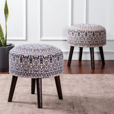 Botanic Fabric Wooden Ottoman in Blue Color Set of 2