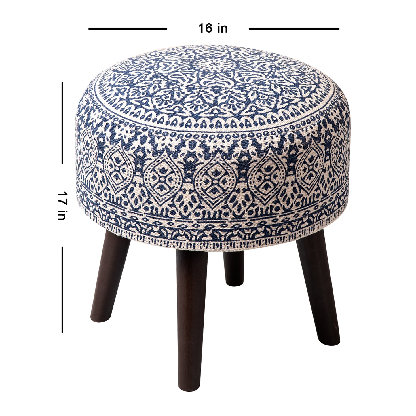 Botanic Fabric Wooden Ottoman in Blue Color Set of 2