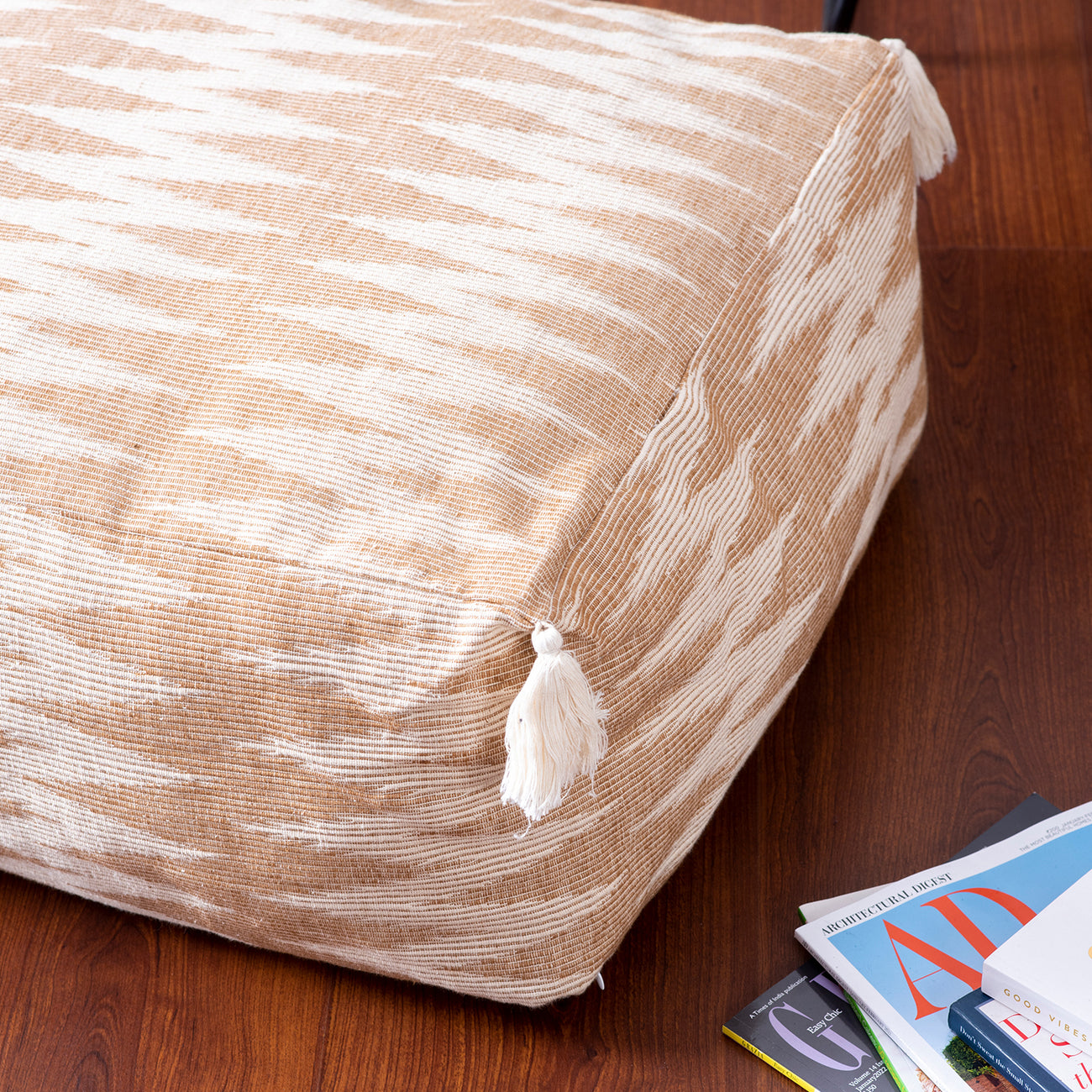 Crest Jacquard Pouf in Beige Color Set of 2