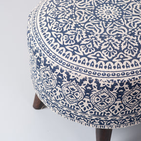 Botanic Fabric Wooden Ottoman in Blue Color Set of 2