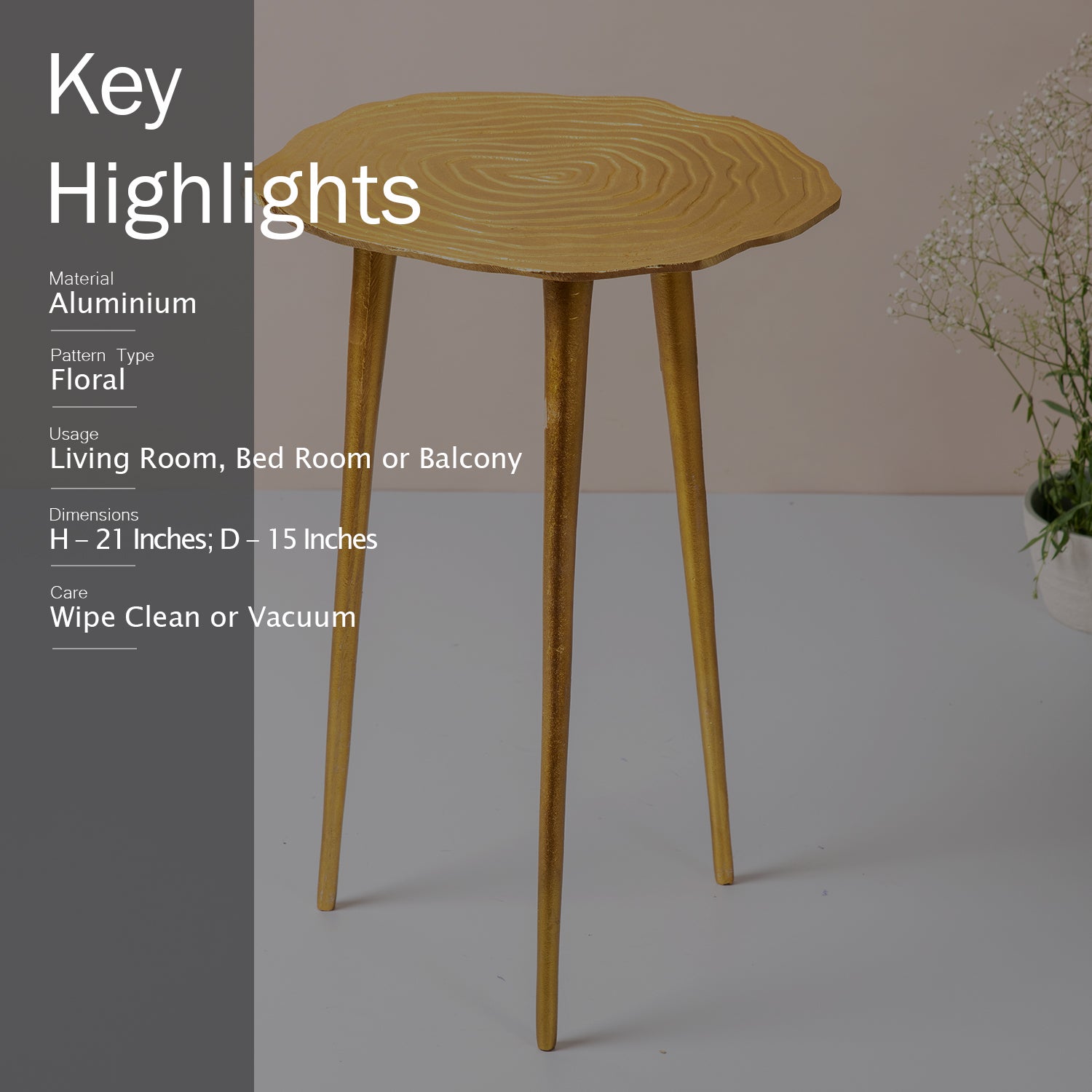 Gold Floral Aluminium Side Table for Living Room