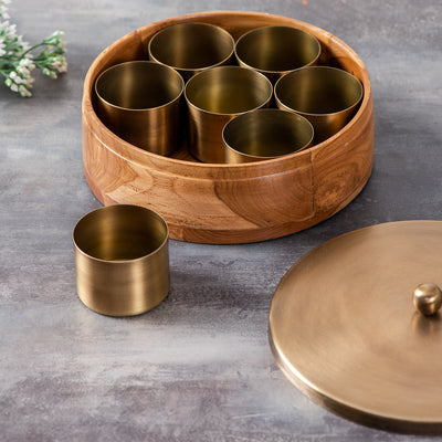 Classic Acacia Wood Masala Box - Gold