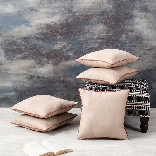 Lush Velvet Cushion Cover Beige 16 X 16 Inches Set of 5