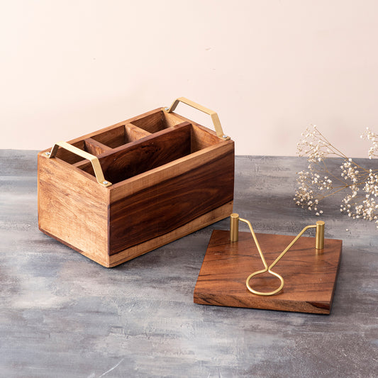 Teak Wood Spoon Stand & Napkin Holder