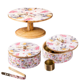 Flower Enamel Print Masala, Roti Box & Cake stand Set
