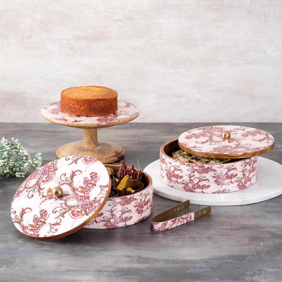 Paisley Enamel Print Masala Box, Roti Box & Cake stand Set