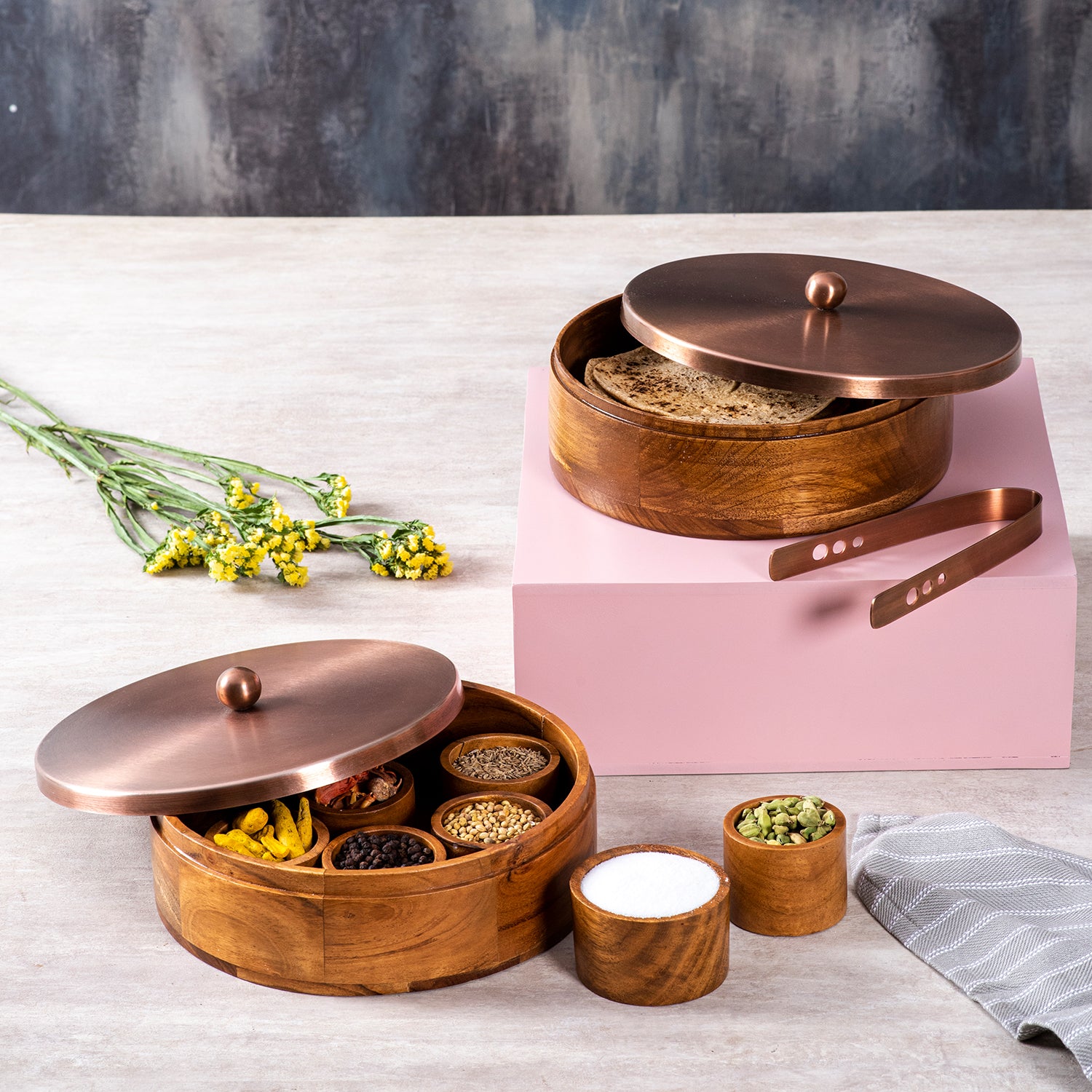 Classic Copper Roti Box with Masala Box
