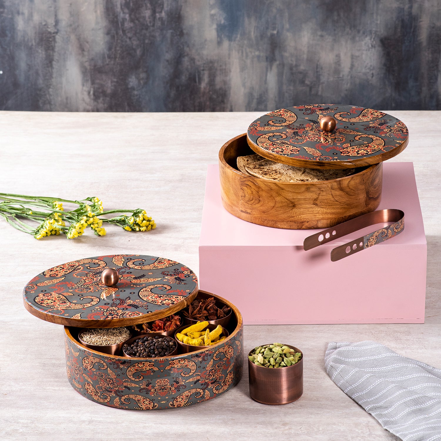 Buy Grey Enamel Print Masala & Wooden Roti Box Set Online in India ...