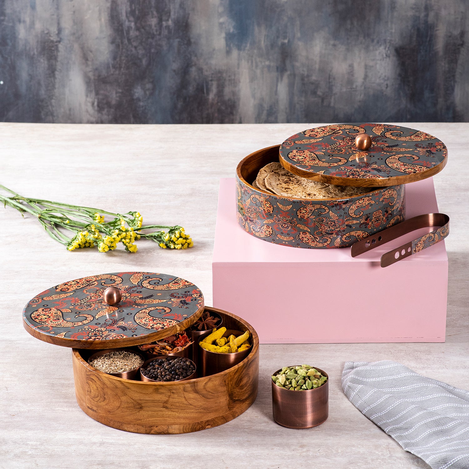 Buy Grey Enamel Print Wooden Masala & Roti Box Set Online in India ...