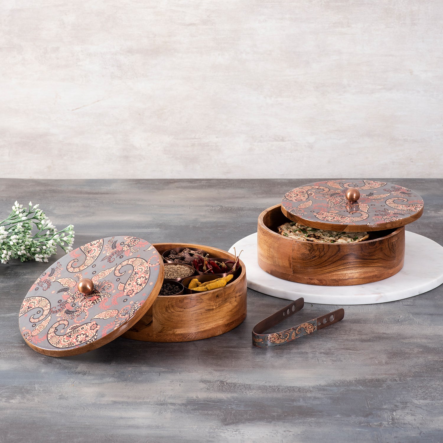 Buy Grey Enamel Print Lid Masala & Wooden Roti Box Set Online in India ...