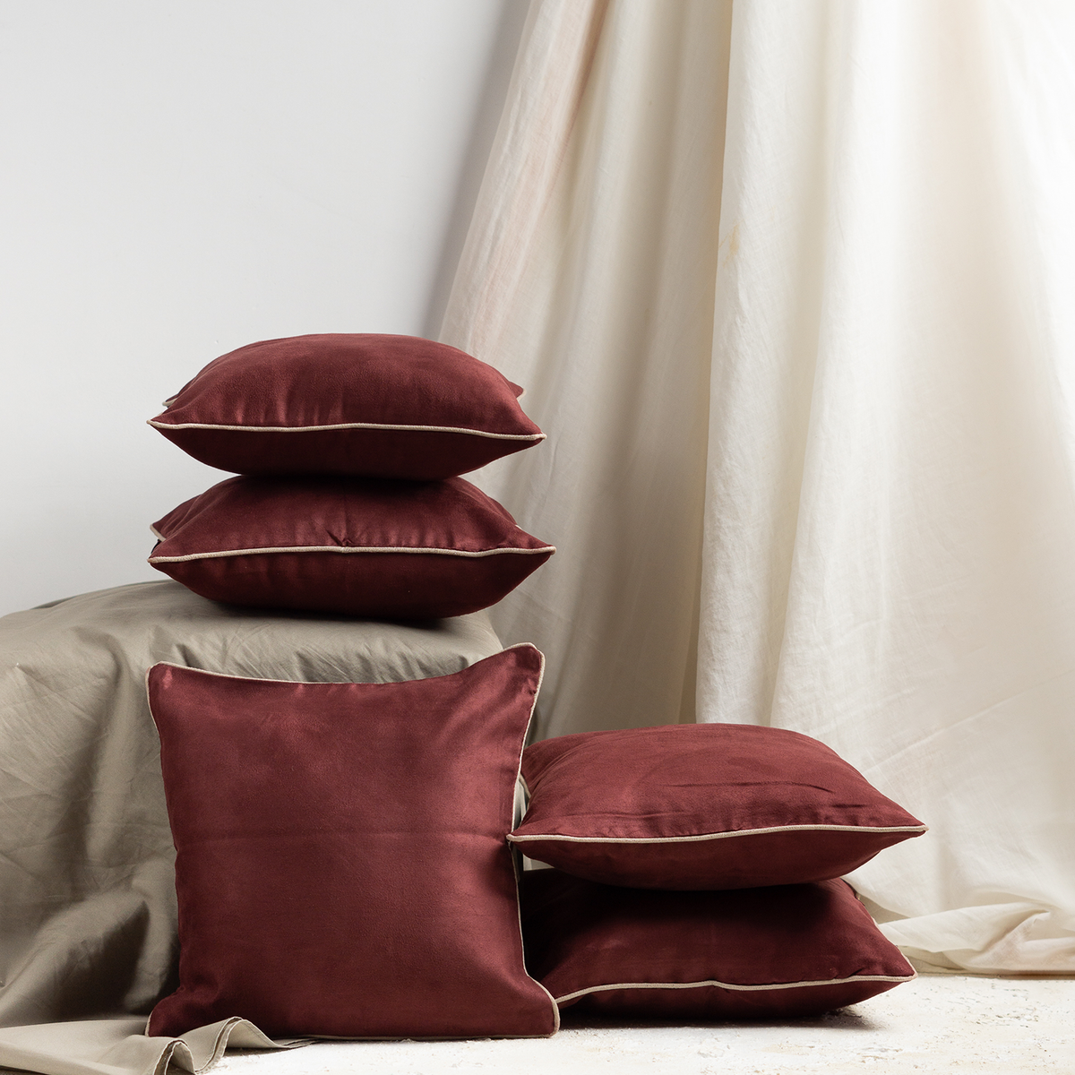 Burgundy Suede Plain Cushion Covers Set of 5