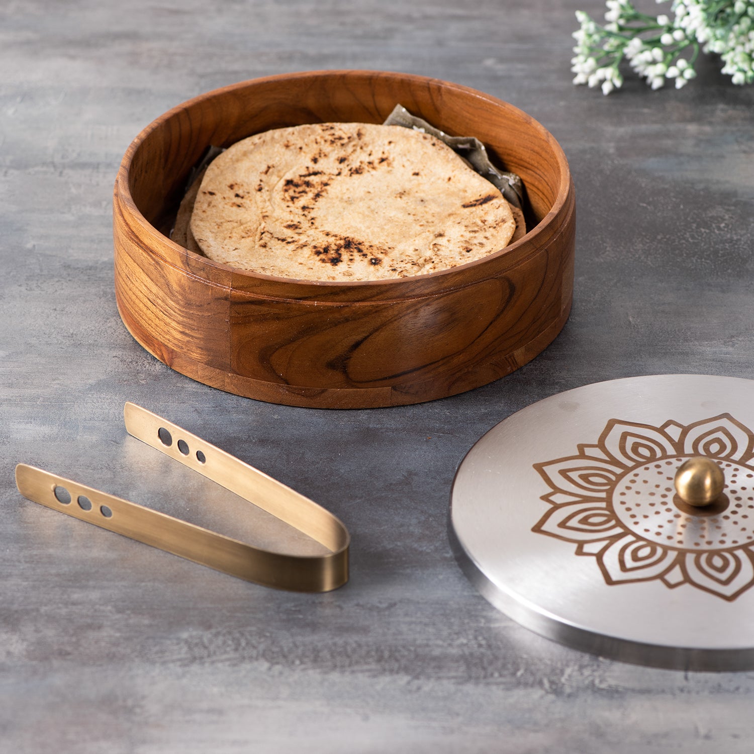 Buy Floral Silver Acacia Wood Roti Box with Tong Online in India ...