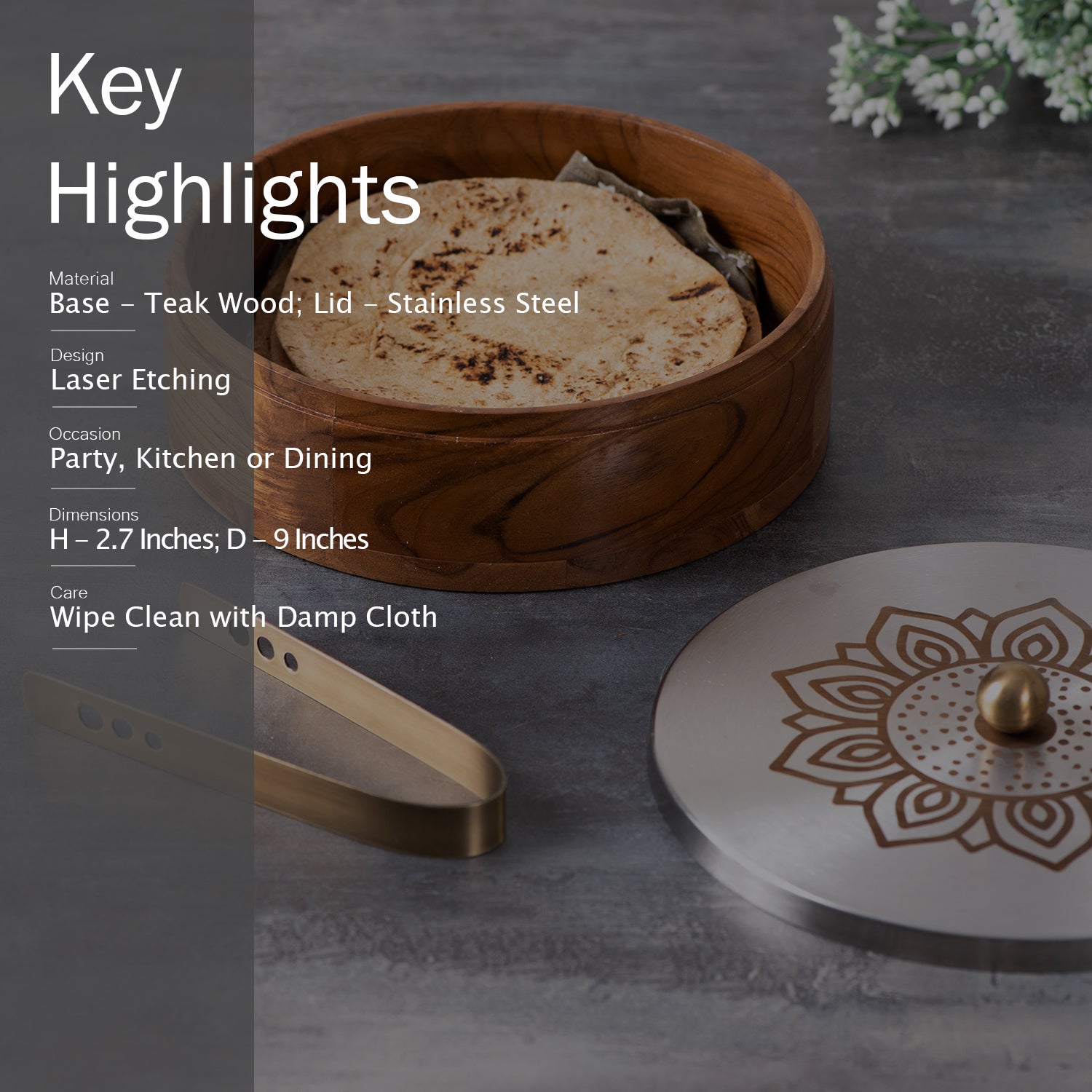 Acacia Roti Box Buy Floral Silver Acacia Wood Roti Box with Tong Online in India ...