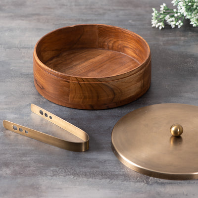 Classic Acacia Wood Roti Box with tong - Gold