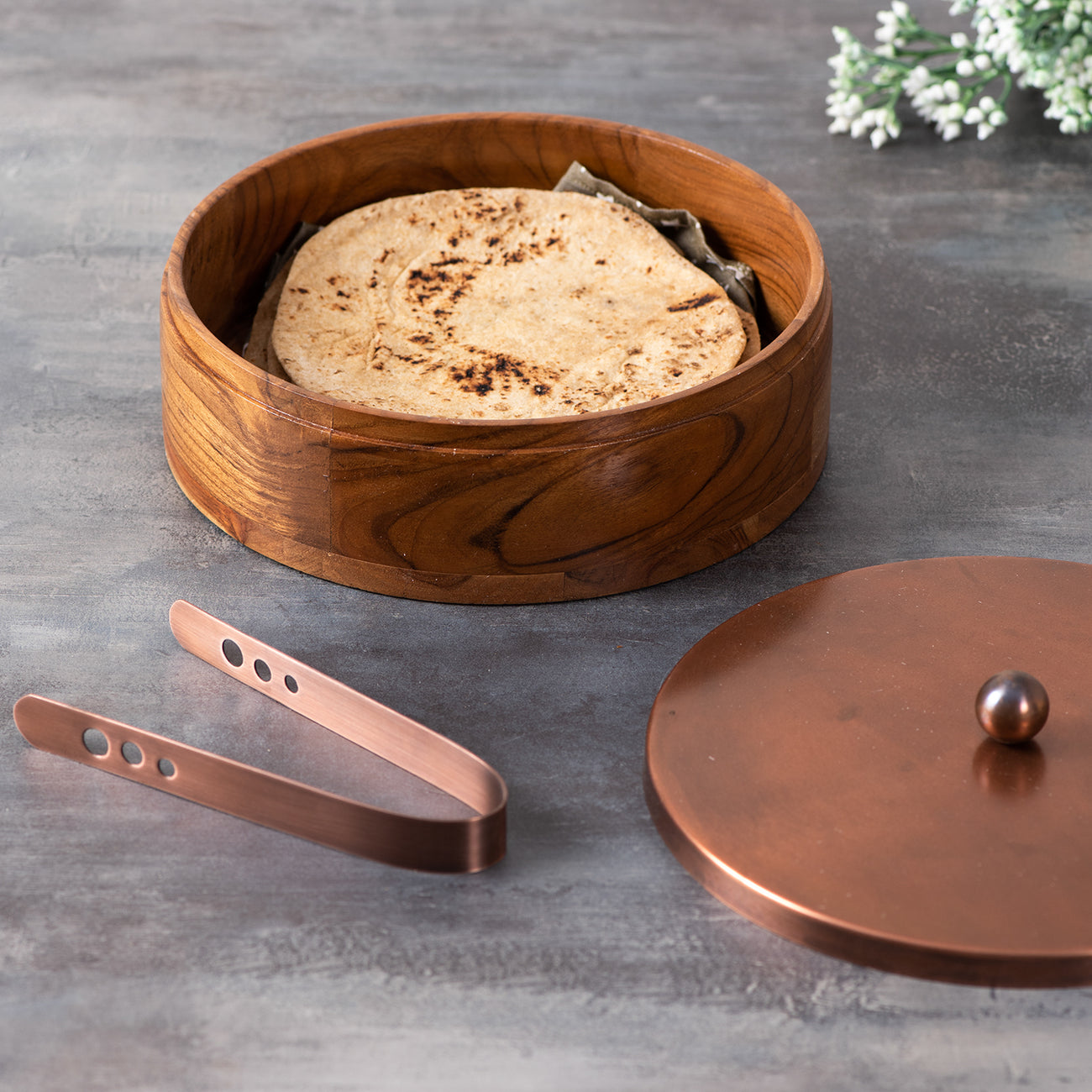 Buy Copper Acacia Wood Roti Box with Tong Online in India - Nestroots
