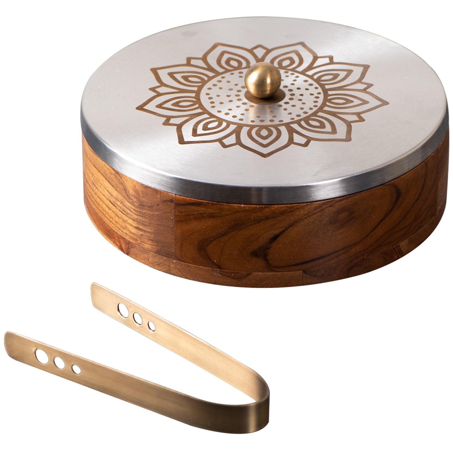 Buy Floral Silver Acacia Wood Roti Box with Tong Online in India ...